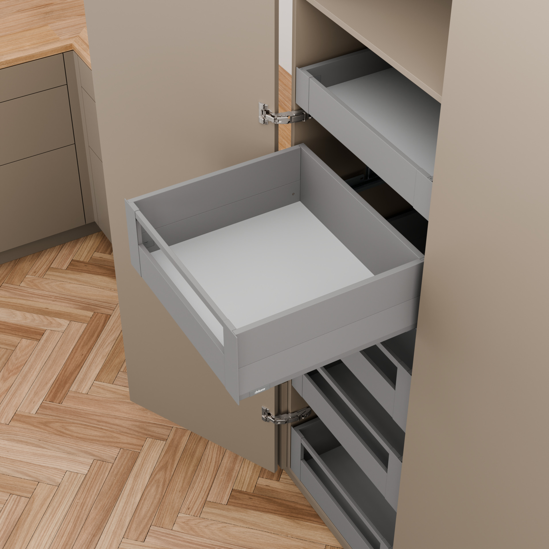 Комплект MERIVOBOX, NL=600 мм, висота Е з Boxcap (внутрішній), BLUMOTION, IG-M (індиум сірий)