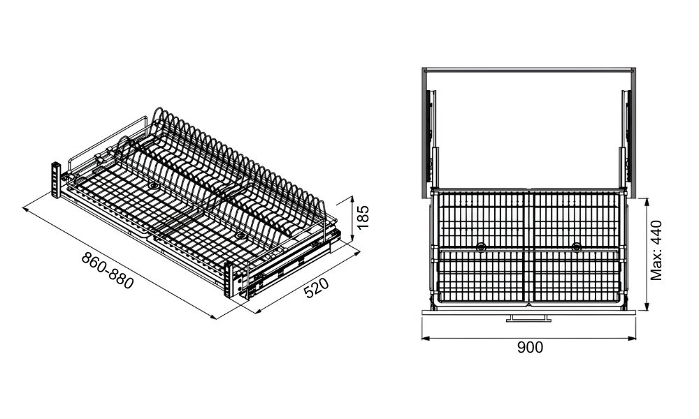Сушка висувна 900 мм (860-880x520x185) на тандемах blum, хром