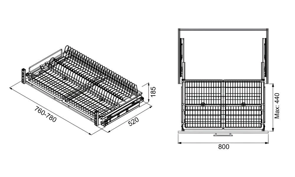 Сушка выдвижная 800 мм (760-780x520x185) на тандемах blum, хром