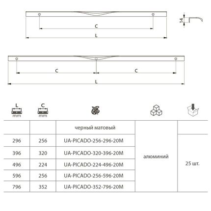 Ручка профиль GTV PICADO черный матовый C-256/296/18mm UA-PICADO-256-296-20M, Цвет: Черный матовый, Длина, мм: 296, Межц. расстояние: 256, изображение 4