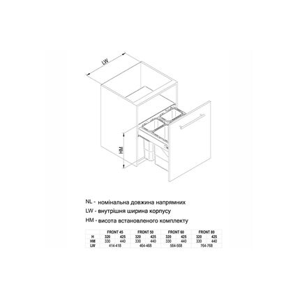 Відро для сміття SEGREGO-600 Графіт Н=425 2Х9L/2Х20L (564x480x440), Rejs, Зовнішній розмір секції, мм: 600, Колір: Графіт, Внутрішній об'єм: 9х9+20х20, изображение 2