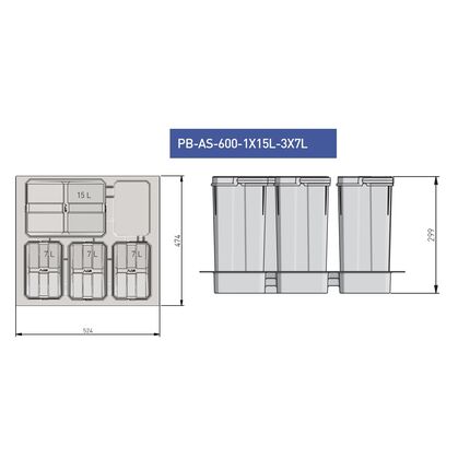 Сегрегатор Axispace 600мм, 4 емкости, (1X 15л + 4X 7л) графит, Наружный размер секции, мм: 600, Цвет: Графит, Высота, мм: 299, Внутренний объем: 1х15л + 4х7л, изображение 5