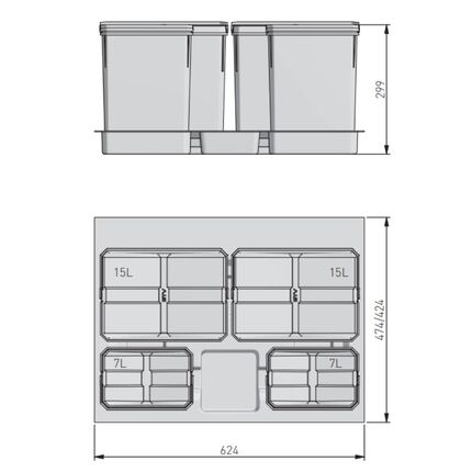 Сегрегатор AxiSpace 700 2х15л + 2х7л (глибина 450-500мм), Зовнішній розмір секції, мм: 700, Колір: Графіт, Висота, мм: 299, Внутрішній об'єм: 2х15л + 2х7л, изображение 3