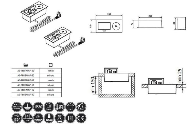 Мебельная розетка AVARO PLUS 1XSCHUKO, USB A+C Беспроводная ЗАРЯДКА 5W КАБЕЛЬ 1,5 М , Алюминий, Цвет: Алюминий, изображение 3