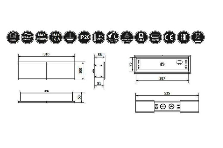 Подовжувач PRESTINO, 2xSCHUKO, USB A+C, RJ45, HDMI, кабель 1,5 м, алюміній, Колір: Алюміній, изображение 3
