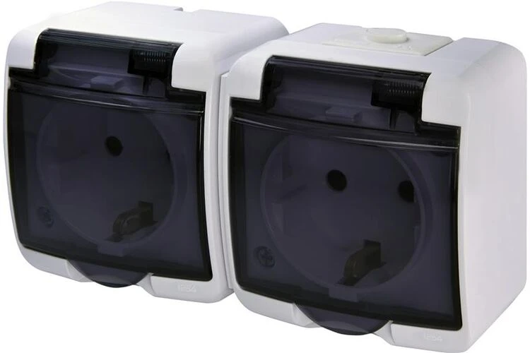 Розетка 2-на з з/к Schuko RHE-2sd (белая/прозрачная кришка, IP54) 48872 ...