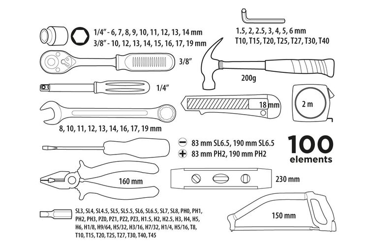 Набор инструментов Top Tools, 1/4", 3/8", 100 ед., изображение 3