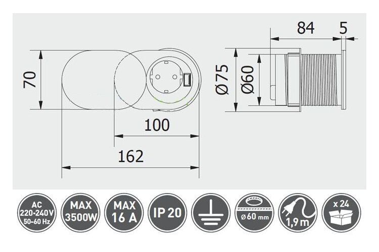 Удлинитель для офиса SLIDE 60mm, 1x gn schuko, 1xUSB 2,4A,  кабель 1,9m, инокс (24) AE-BPW1S1UCH-51, изображение 4