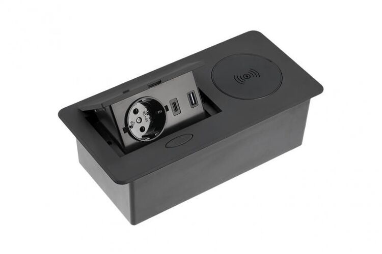 Мебельная розетка AVARO PLUS 1XSCHUKO, USB A+C Беспроводная ЗАРЯДКА 5W КАБЕЛЬ 1,5 М , Черный, Цвет: Черный, изображение 4