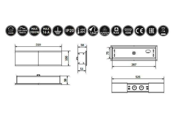 Подовжувач PRESTINO, 2xSCHUKO, USB A+C, RJ45, HDMI, кабель 1,5 м, білий, Колір: Білий, изображение 3