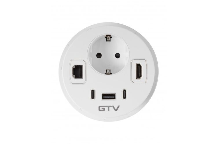 Удлинитель GTV врезной круглый Rondo, 1-schuko, 1-USB A+2-USB C, RJ45, 1-HDMI, кабель 1,5m, белый, Цвет: Белый, изображение 3