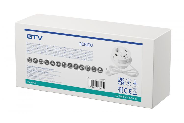 Удлинитель GTV врезной круглый Rondo, 1-schuko, 1-USB A+2-USB C, RJ45, 1-HDMI, кабель 1,5m, белый, Цвет: Белый, изображение 9