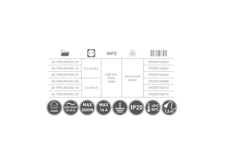 Подовжувач GTV врізний MultiSoft 2xSCHUKO, 2х USB 2,1A (A+C)+RJ45,+HDMI кабель 1,5 м, алюміній, Колір: Алюміній, изображение 4