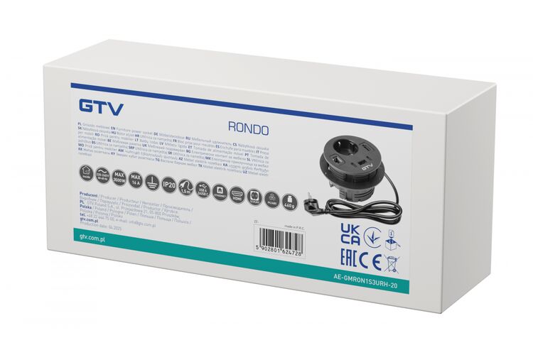 Удлинитель GTV врезной круглый Rondo, 1-schuko, 1-USB A+2-USB C, RJ45, 1-HDMI, кабель 1,5m, черный, Цвет: Черный, изображение 9