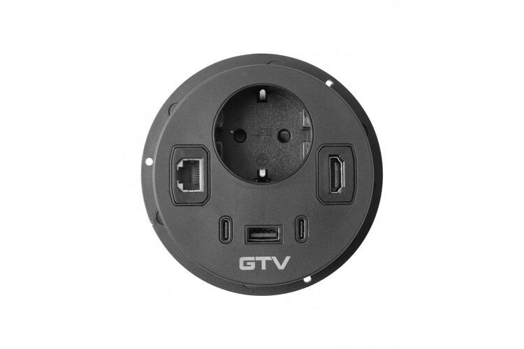 Удлинитель GTV врезной круглый Rondo, 1-schuko, 1-USB A+2-USB C, RJ45, 1-HDMI, кабель 1,5m, черный, Цвет: Черный, изображение 4