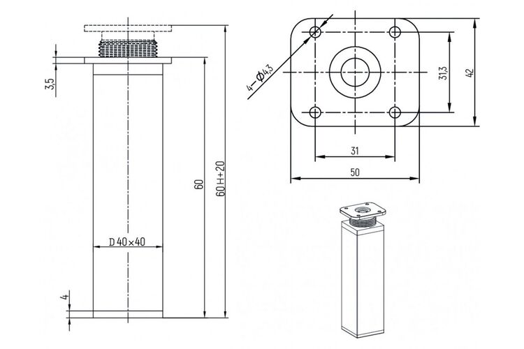 Ніжка регульована квадратна 40х40мм Н=60мм Алюміній ДС, Колір: Алюміній, Висота, мм: 60, изображение 3
