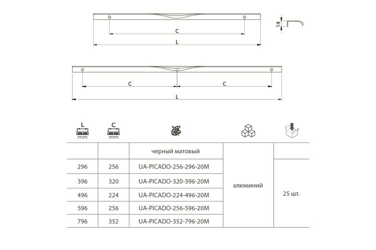 Ручка профіль GTV PICADO чорний матовий C-256/296/18mm UA-PICADO-256-296-20M, Колір: Чорний матовий, Довжина, мм: 296, Міжц. відстань: 256, изображение 4