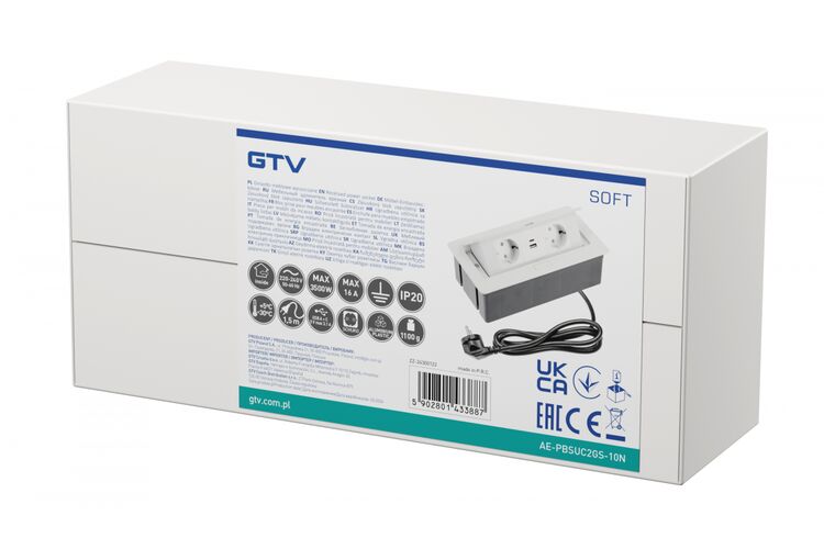 Подовжувач для офісу прямокутний GTV Soft на 2 розетки USB A+C зарядки дріт 1,5м білий, Колір: Білий, изображение 4