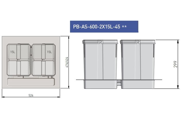 Сегрегатор Axispace 600мм, 2 емкости, (2х15л) графит, Наружный размер секции, мм: 600, Цвет: Графит, Высота, мм: 299, Внутренний объем: 2х15л, изображение 5