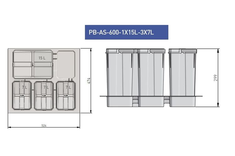 Сегрегатор Axispace 600мм, 4 ємності, (1X 15л + 4X 7л) графіт, Зовнішній розмір секції, мм: 600, Колір: Графіт, Висота, мм: 299, Внутрішній об'єм: 1х15л + 4х7л, изображение 5