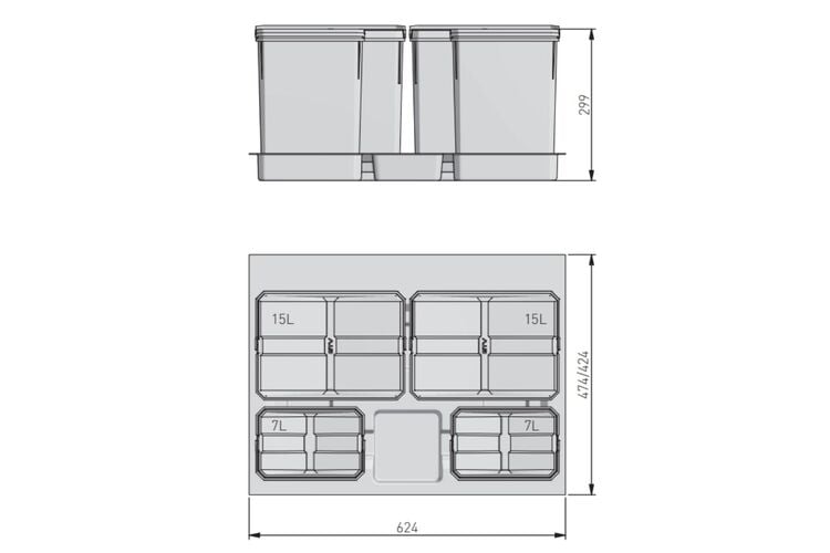 Сегрегатор AxiSpace 700 2х15л + 2х7л (глибина 450-500мм), Зовнішній розмір секції, мм: 700, Колір: Графіт, Висота, мм: 299, Внутрішній об'єм: 2х15л + 2х7л, изображение 3