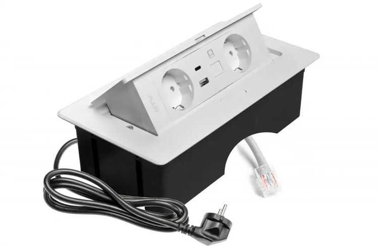 Удлинитель GTV врезной MULTISOFT 2 розетки SCHUKO USB А+С + RJ45 провод 1,5м с вилкой Белый, изображение 3