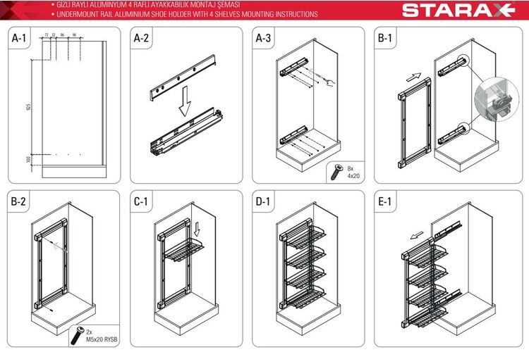 Висувна 4-рівнева полиця для взуття STARAX S-6741-W 325х475х1000, тандеми BLUM, Сторона кріплення: Ліва, Колір: Білий, изображение 4