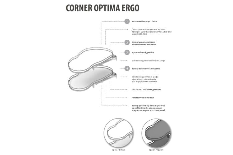 Магічний кут ERGO Corner Optima 1000/600, лівий, графіт/графіт, Сторона кріплення: Ліва, Зовнішній розмір секції, мм: 1000, Колір: Графіт, изображение 7