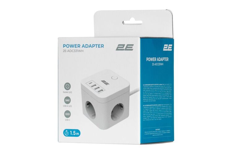 Сетевой адаптер 2E 3XSchuko с защитой от импульcных скачков напряжения, 3*USB-A, 1*USB-C, 1.5м, white, изображение 7