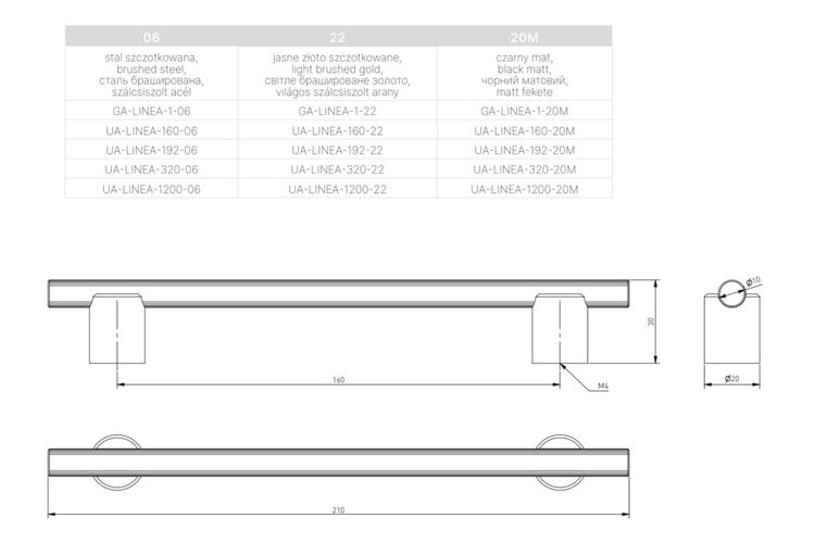 Меблева ручка GTV LINEA, світле золото, браш, С-160 мм, L-210 мм, Колір: Золото світле браш, Міжц. відстань: 160, изображение 5