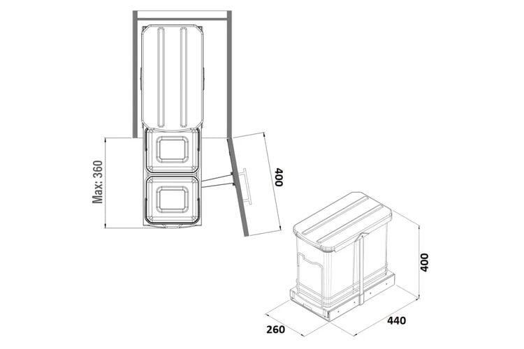 Мусорное ведро на направляющих 12л+12л S-2392-A Starax, Наружный размер секции, мм: 400, Цвет: Антрацит, Внутренний объем: 12л + 12л, изображение 3