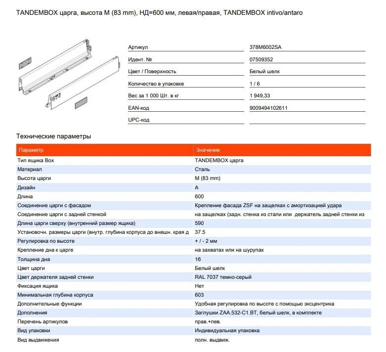 Боковина tandembox antaro m (83,6 мм), l=600мм, лев+прав, белый